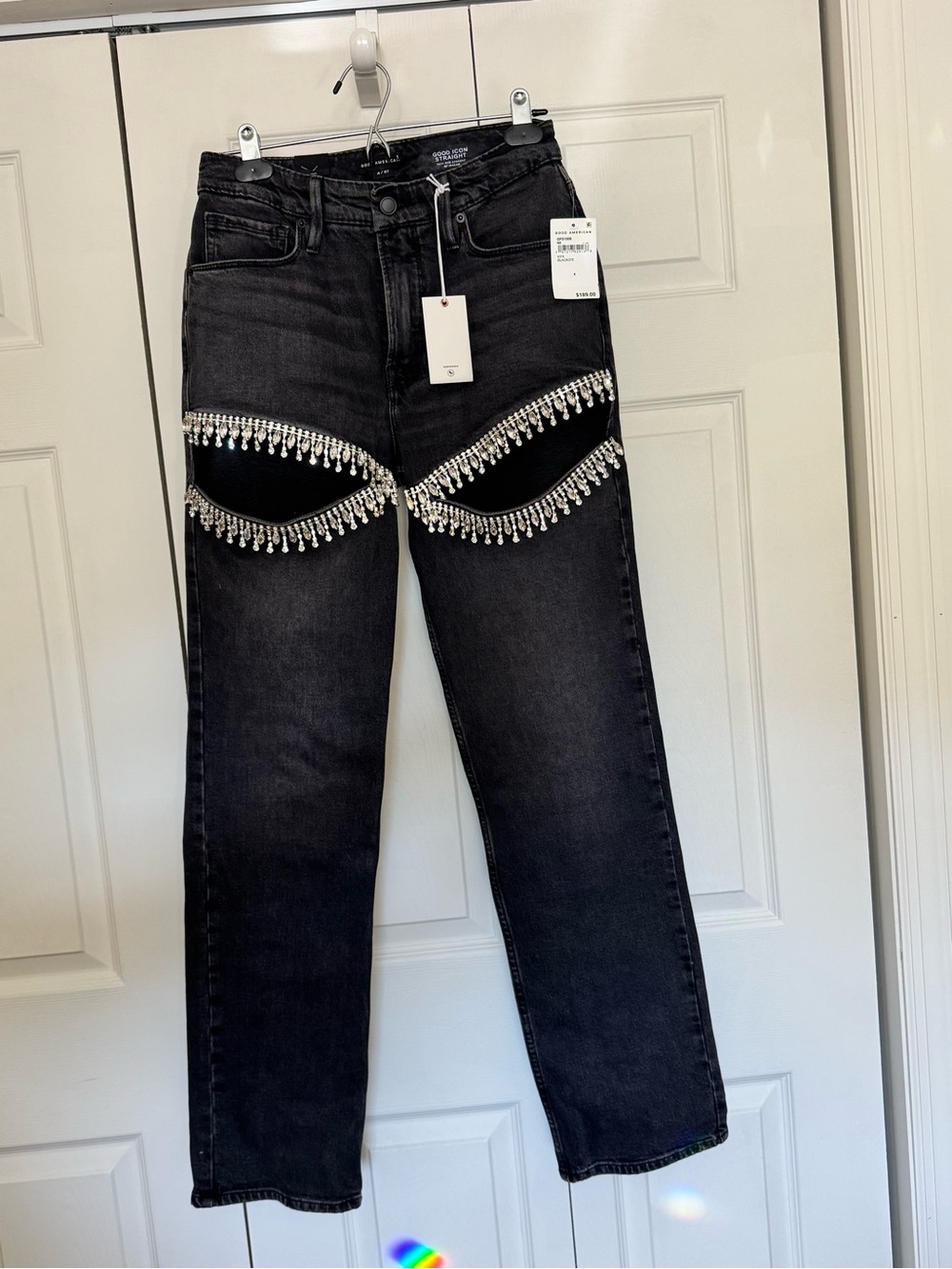 Good American Black Straight Leg Jeans with Rhinestone Fringe